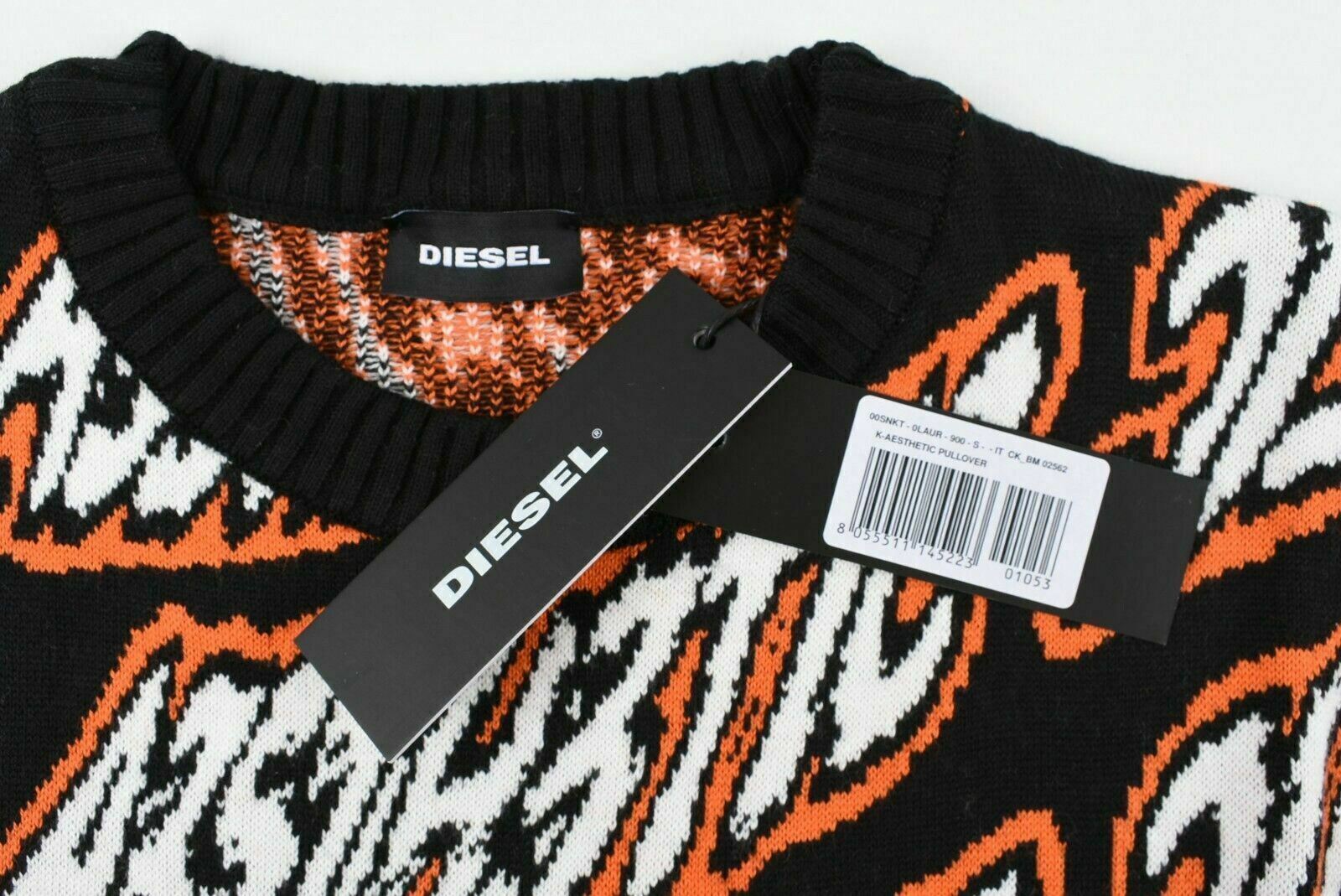 DIESEL Men's All Over Logo Crew Neck Jumper, Black/Orange/White, size S