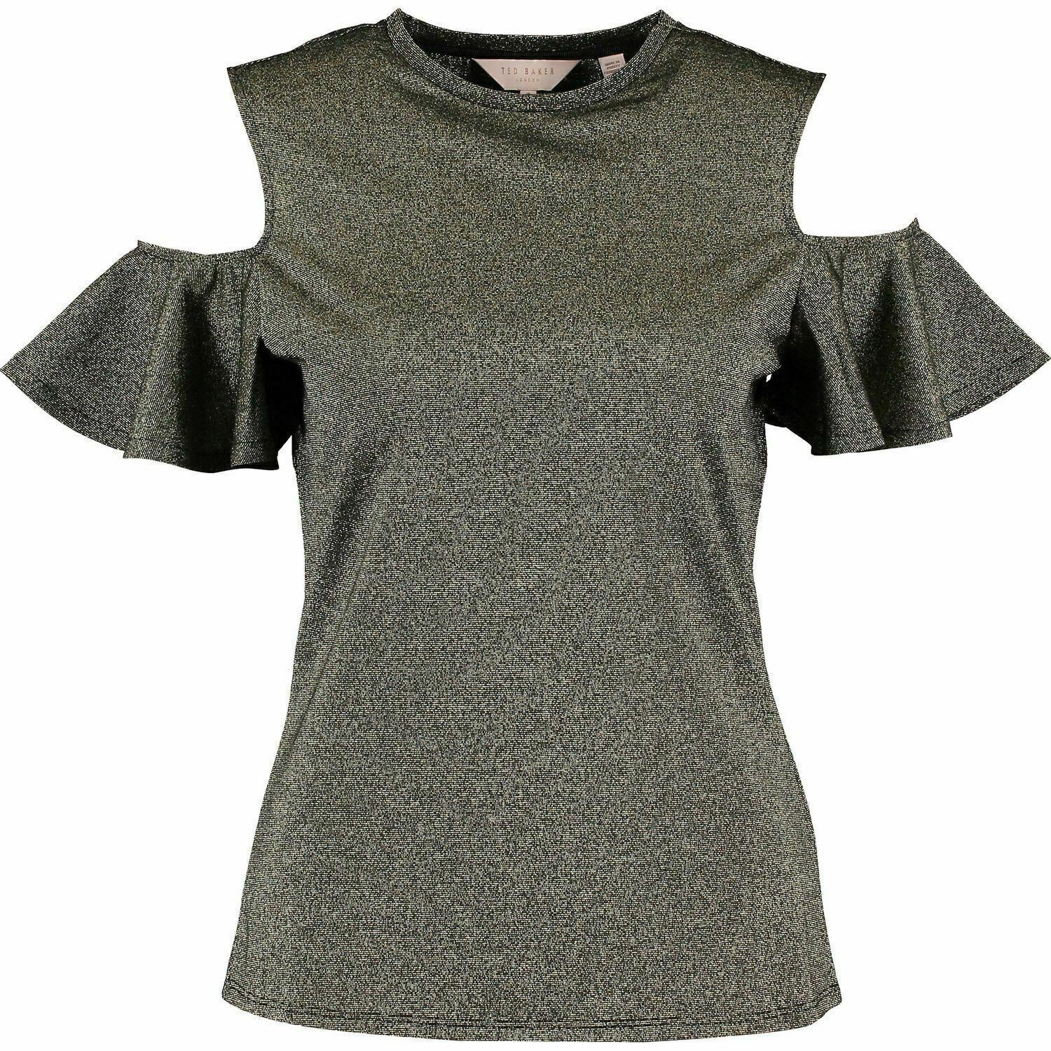 TED BAKER Women's Gold Cold Shoulder Sparkle Top Size 1 UK 6