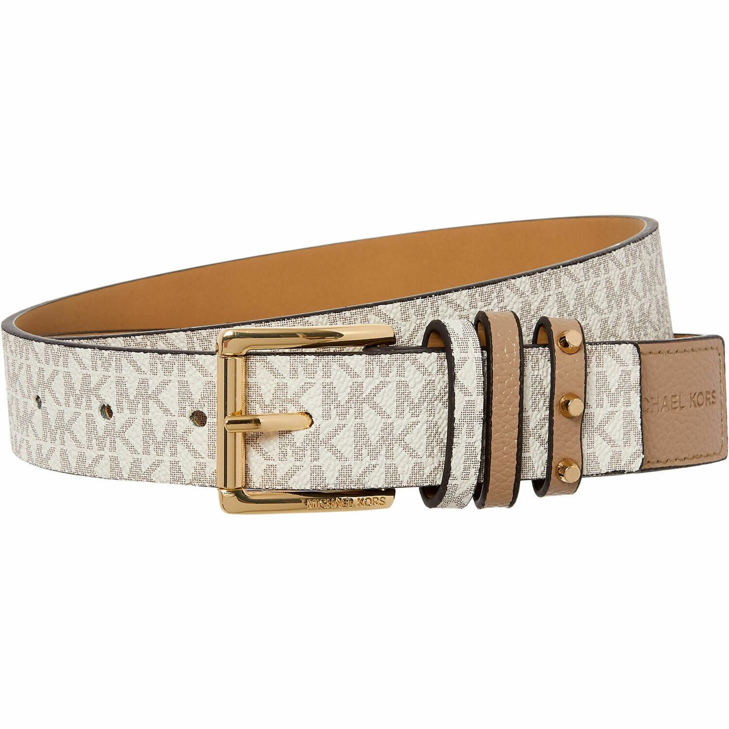 MICHAEL KORS Women's Faux Leather Monogram Belt, Vanilla, 1.25" wide, size M