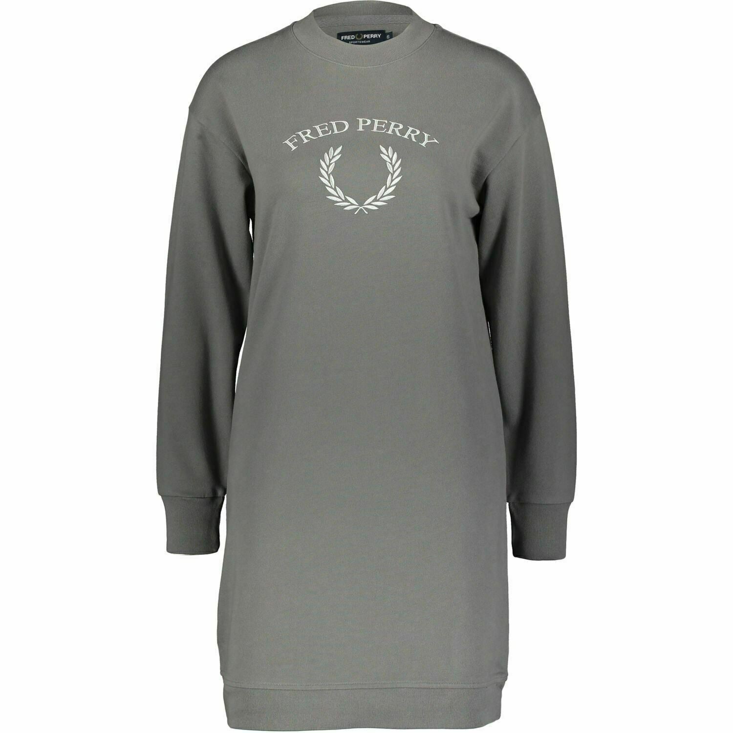 FRED PERRY Women's Embroidered Sweatshirt Dress, Storm Grey, size UK 8