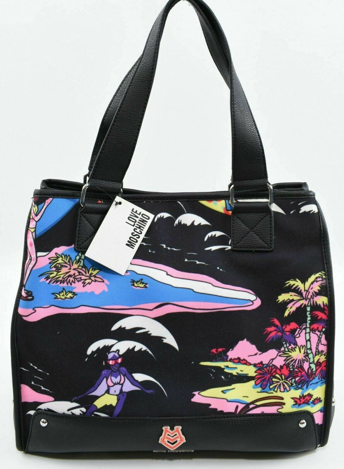 RARE !!! MOSCHINO - ALOHA Canvas Women's Tote Bag, Handbag, Black/Multi