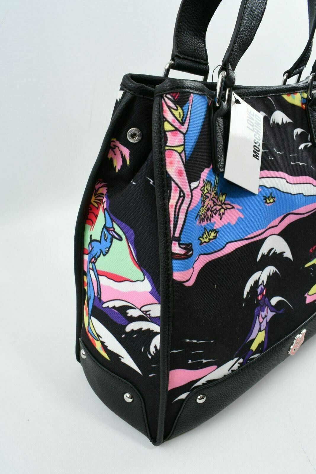 RARE !!! MOSCHINO - ALOHA Canvas Women's Tote Bag, Handbag, Black/Multi