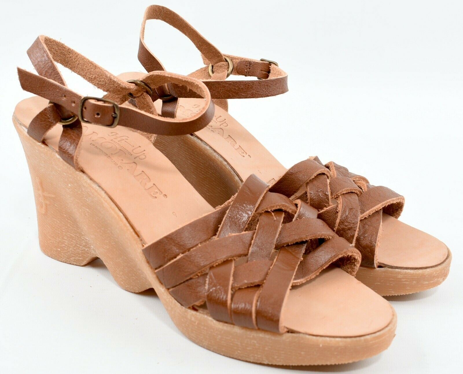 FAMOLARE Women's Genuine Leather Wedge Sandals - Cognac Brown size UK 3.5
