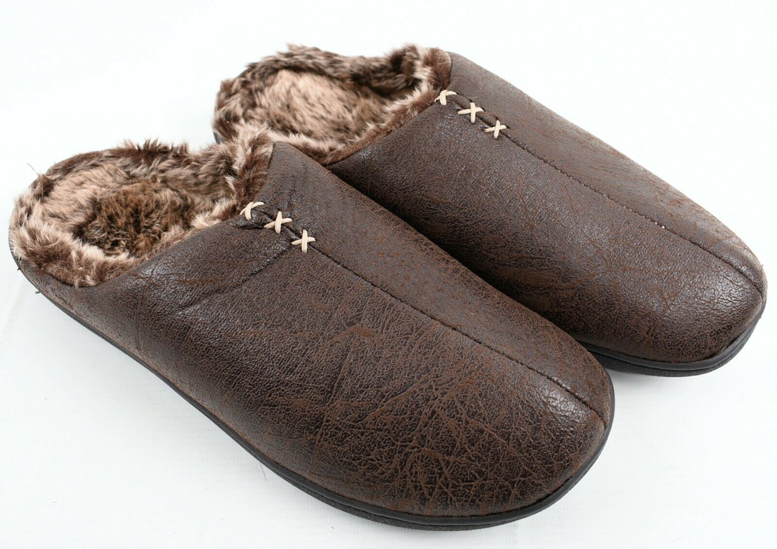 TOTES Men's Faux Fur Memory Foam Mule Slippers, Dark Brown, size UK 10