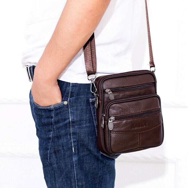 Men's Genuine Cowhide Leather Messenger Bag Crossbody, Dark Brown