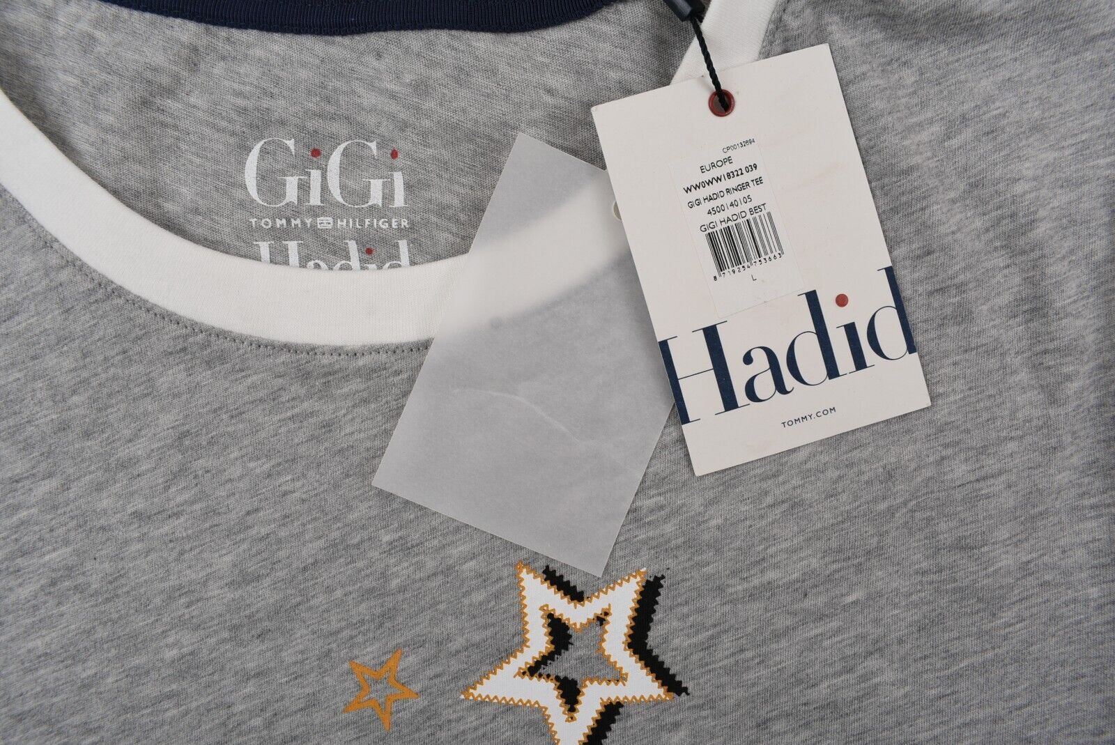 TOMMY HILFIGER x GIGI HADID Women's Graphic Print Ringer Tee, Grey, size L