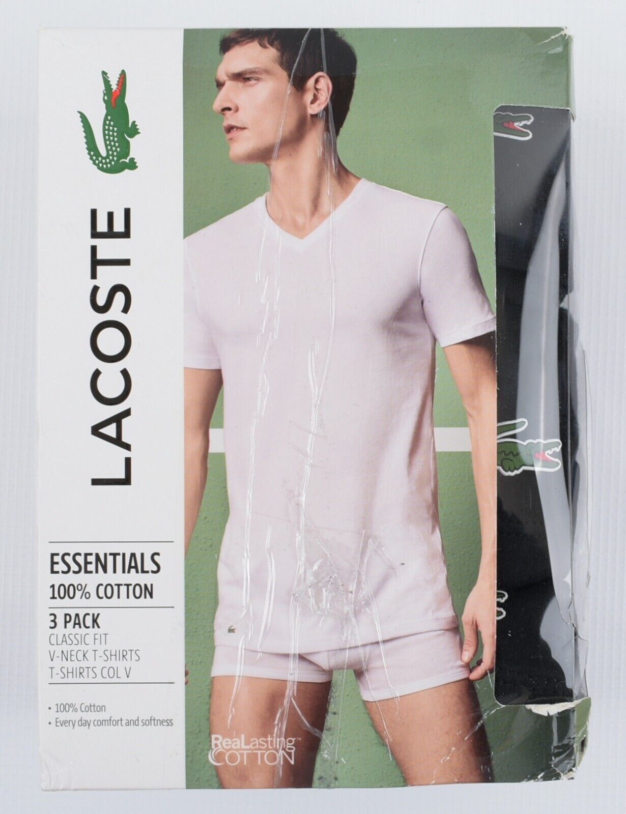 LACOSTE Men's 3-Pack Short Sleeve V-neck T-Shirts, Black, size M *damaged box*