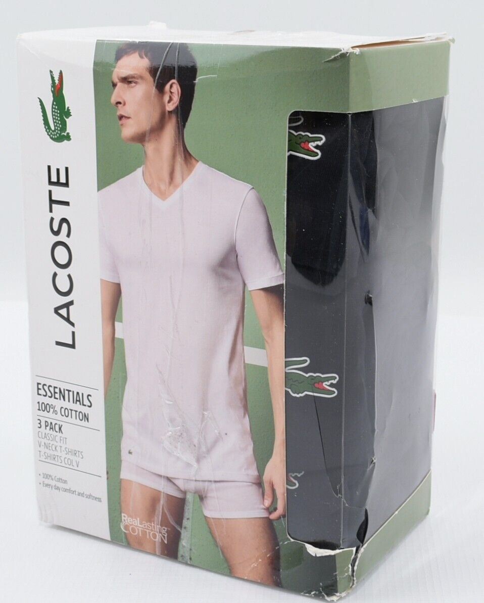 LACOSTE Men's 3-Pack Short Sleeve V-neck T-Shirts, Black, size M *damaged box*