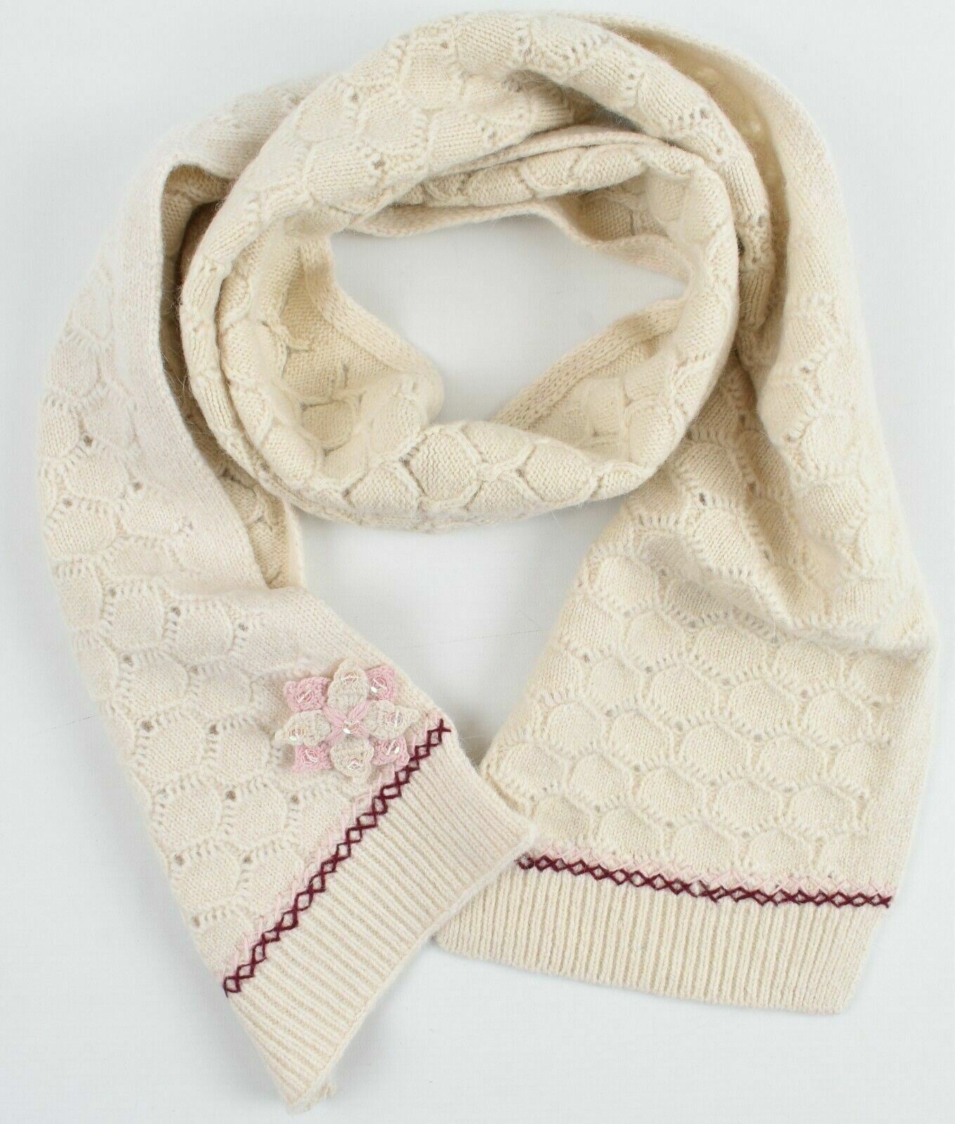Girl's Kids' Wool Blend Knitted Scarf, Floral Embellishment, Cream, 144x20cm