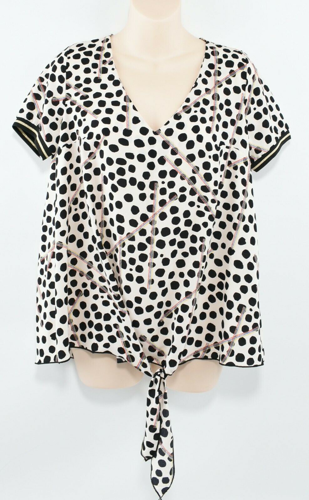 PURPLE'S PARIS Women's V-neck Tie Hem Blouse, Multicoloured, size UK 10