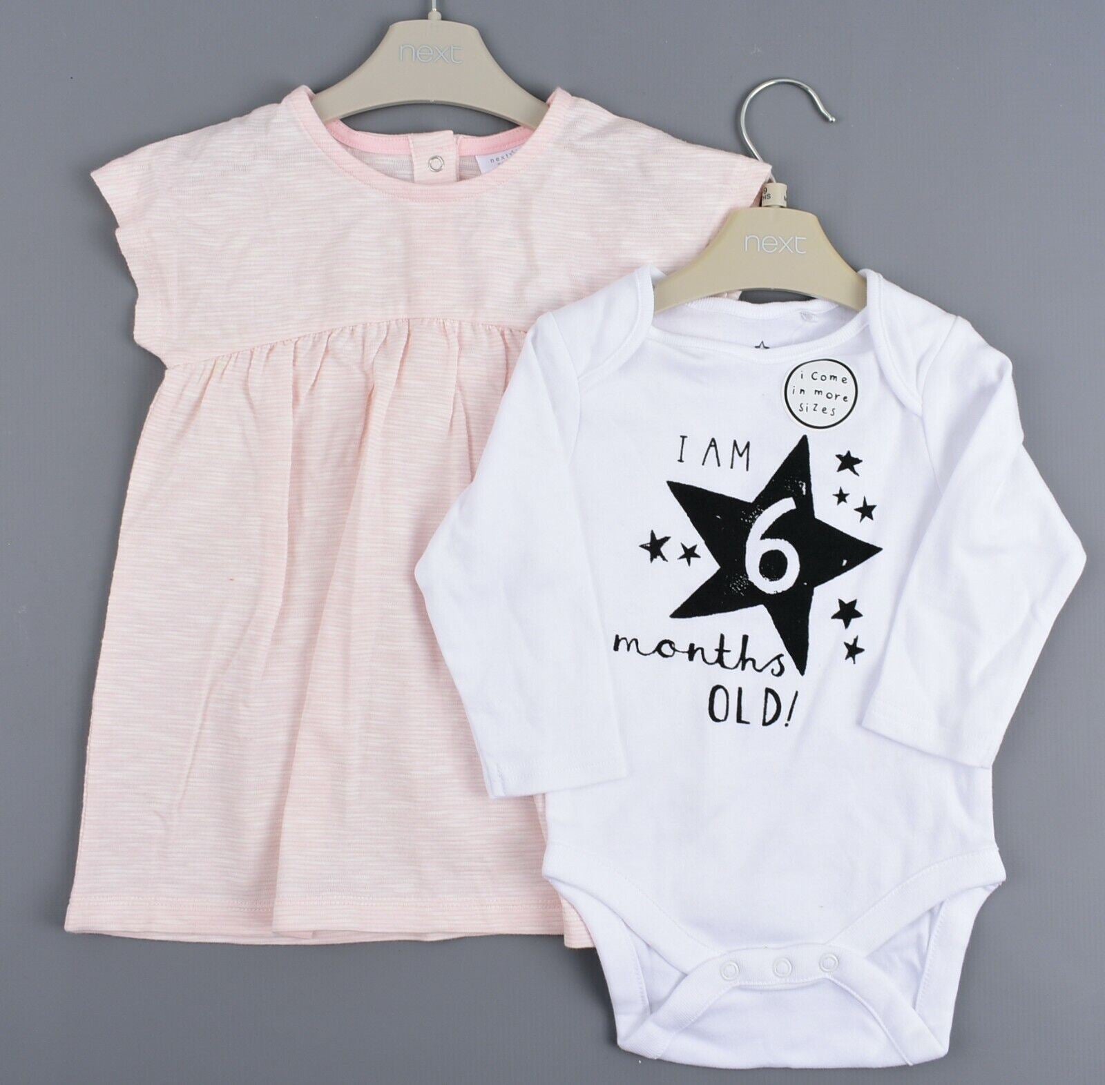 NEXT Bundle of 2x Baby Items, White Bodysuit & Pink Dress, size 6-9 months
