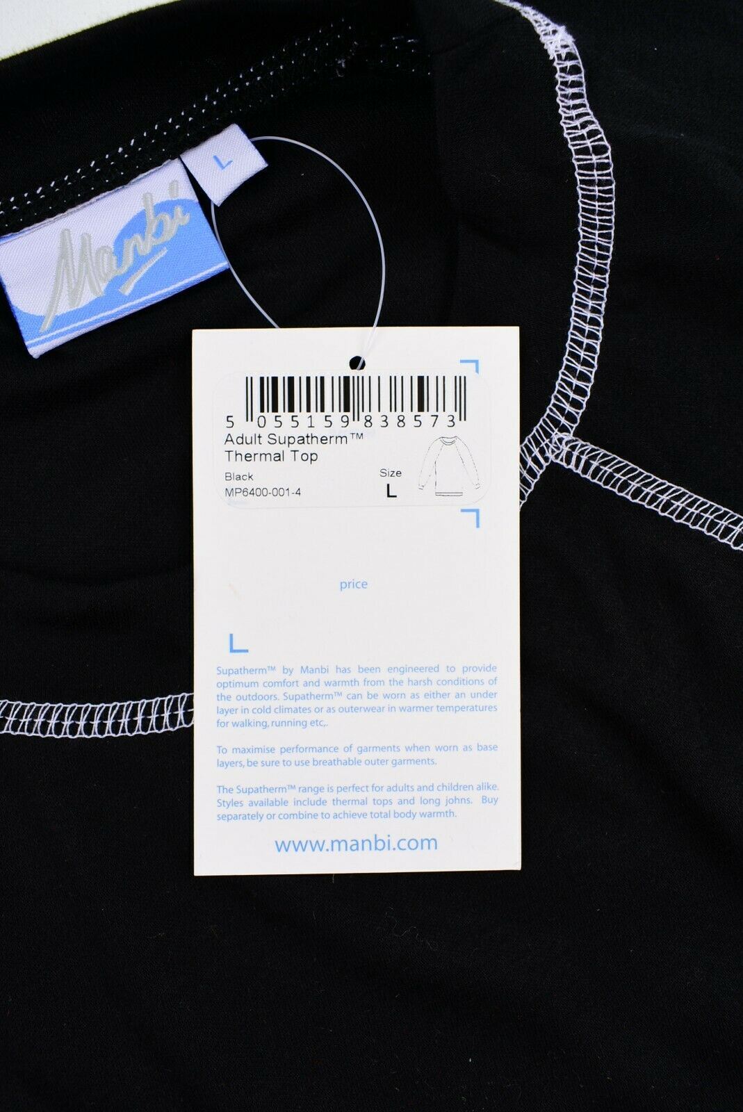 MANBI - SUPATHERM Baselayer, Men's Women's Thermal Top, Black, size L