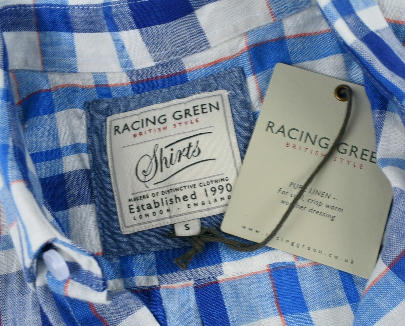 RACING GREEN Men's Blue and White Checked Short Sleeve Linen Shirt Size S