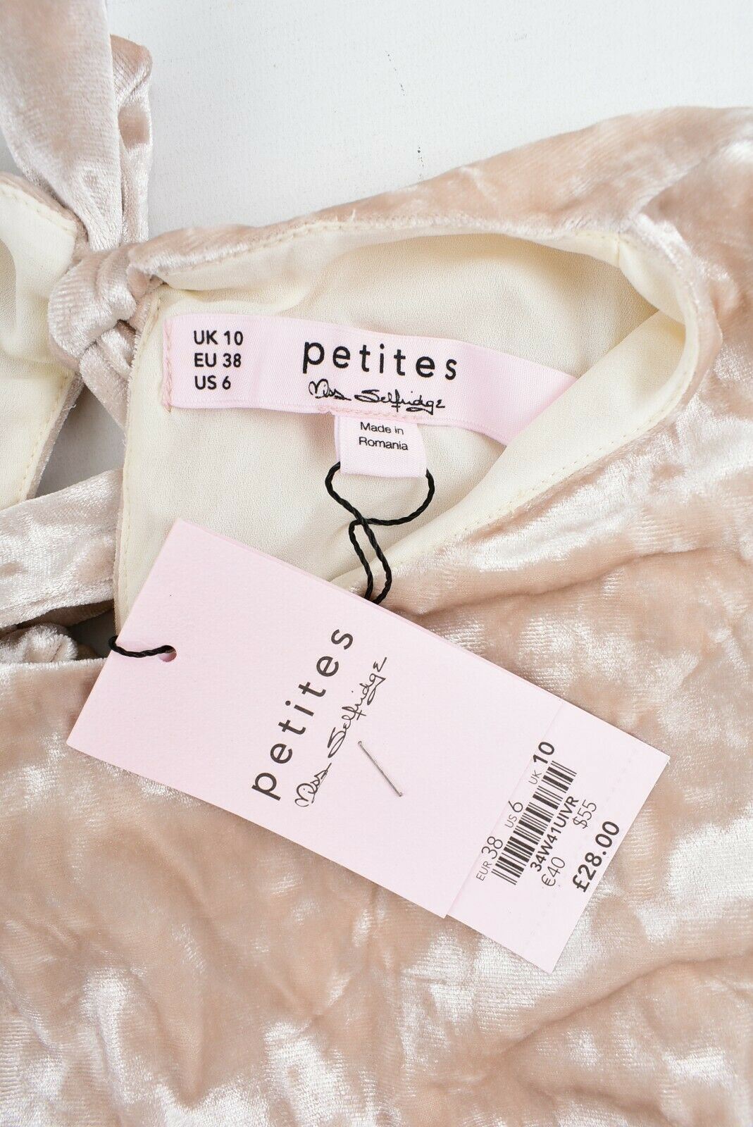 MISS SELFRIDGE Women's Velour Top/ Bow Back, Ivory, size UK 10 PETITE