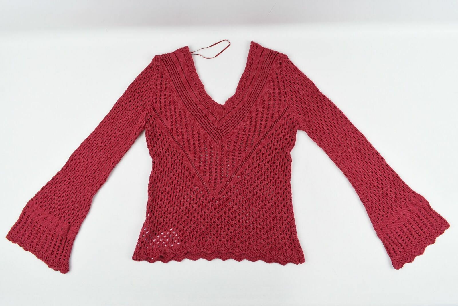 NEXT Women's Maroon Red Knitted V-Neck Pullover Jumper Flared Sleeves- Size XS