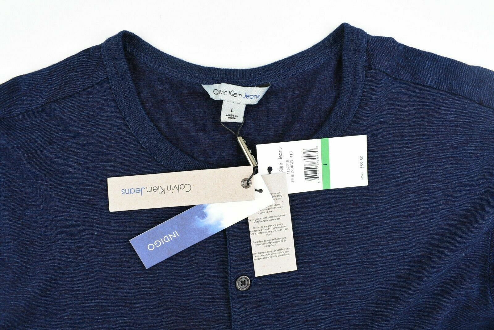 CALVIN KLEIN JEANS Men's Button Neck T-shirt, True Indigo Blue, size L