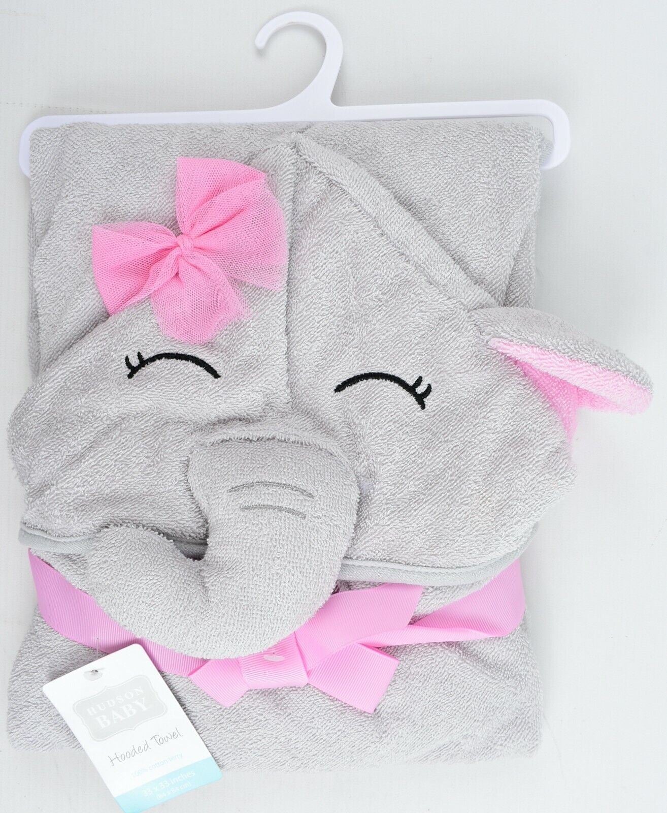HUDSON BABY Cotton Terry Hooded Baby Towel, Grey/Pink Elephant