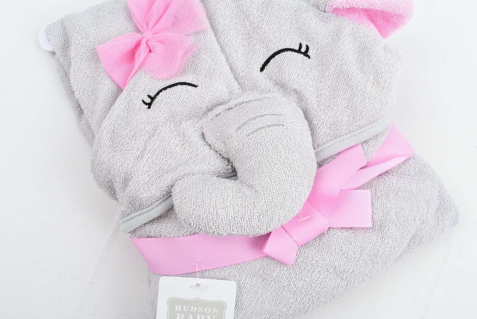 HUDSON BABY Cotton Terry Hooded Baby Towel, Grey/Pink Elephant