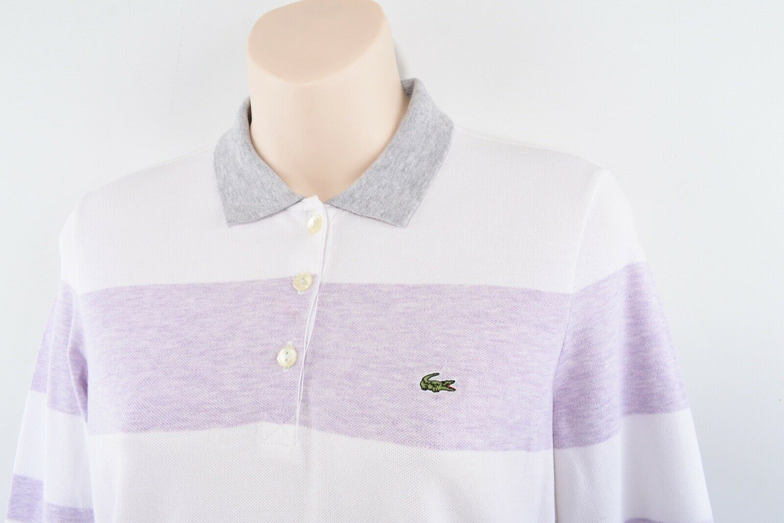 LACOSTE Women's White & Lilac Stripes Long Sleeve Collared Top, size S