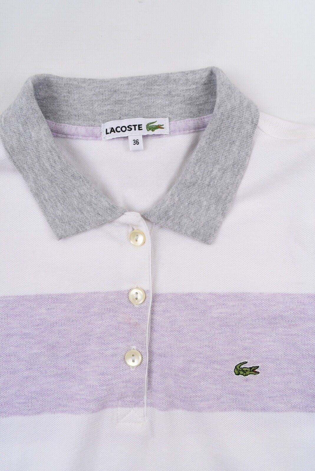 LACOSTE Women's White & Lilac Stripes Long Sleeve Collared Top, size S