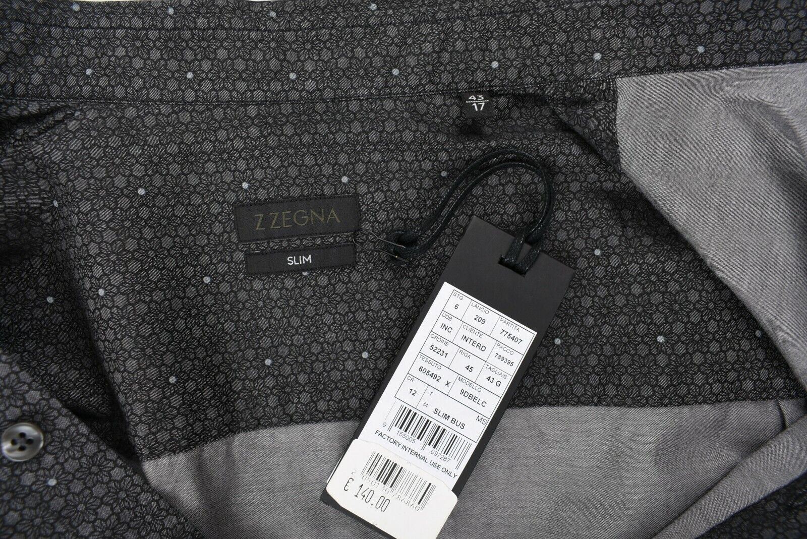 ZZEGNA Men's Long Sleeve Shirt, Black/Grey Floral Print, collar 17" slim fit