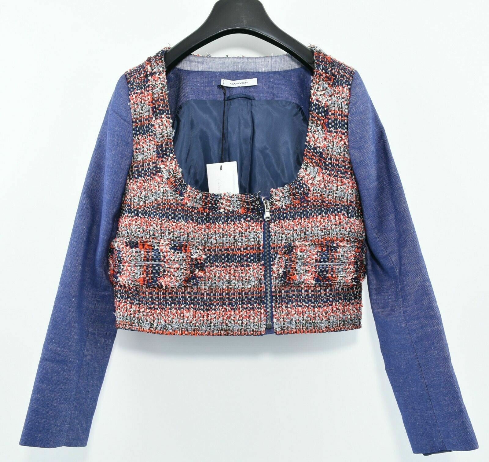 CARVEN Women's Crop Zip Blue/Multicoloured Tweed Jacket, size UK 12