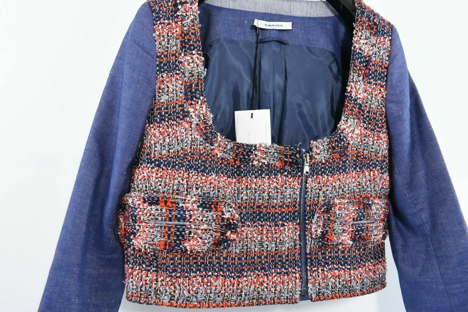 CARVEN Women's Crop Zip Blue/Multicoloured Tweed Jacket, size UK 12