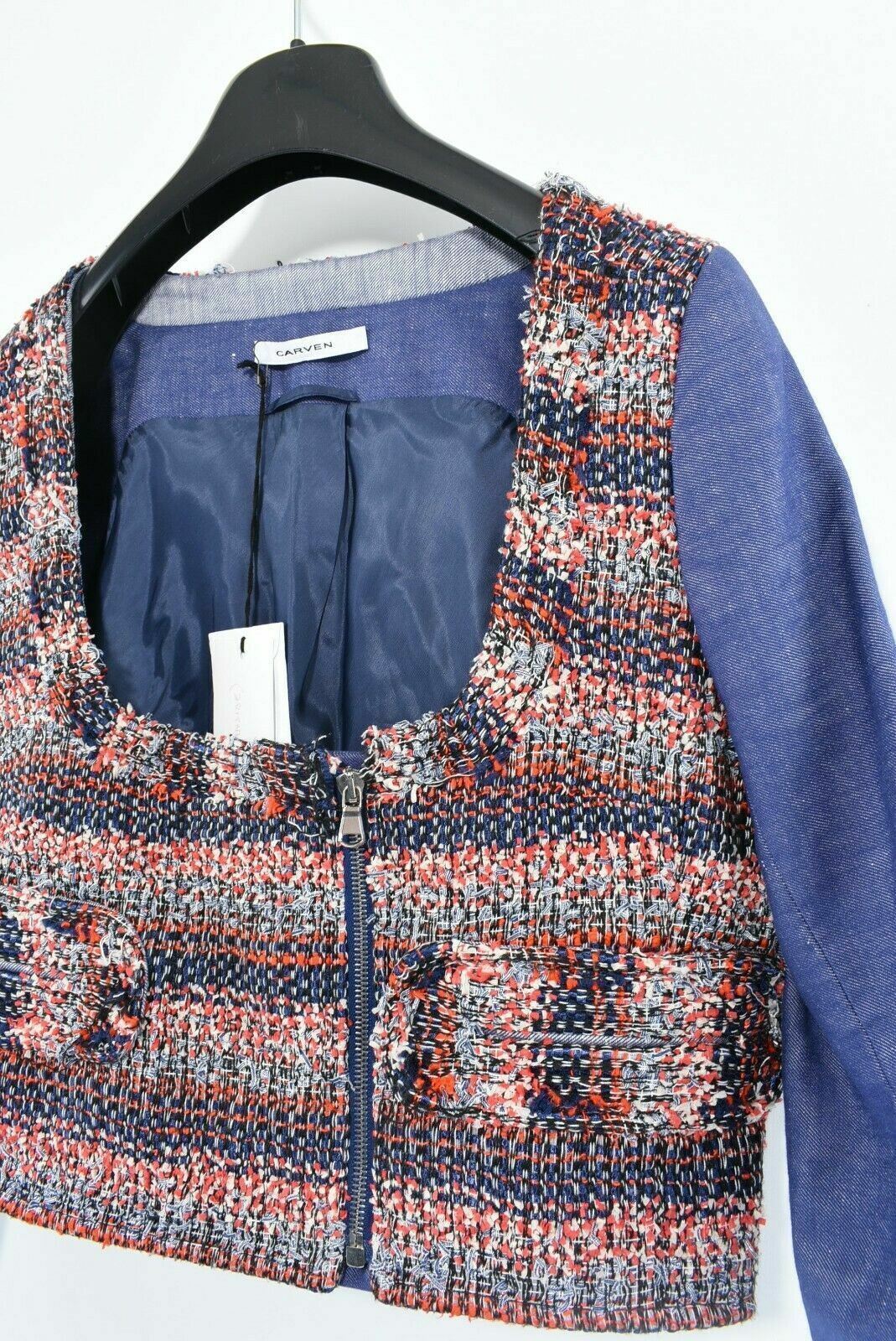 CARVEN Women's Crop Zip Blue/Multicoloured Tweed Jacket, size UK 12
