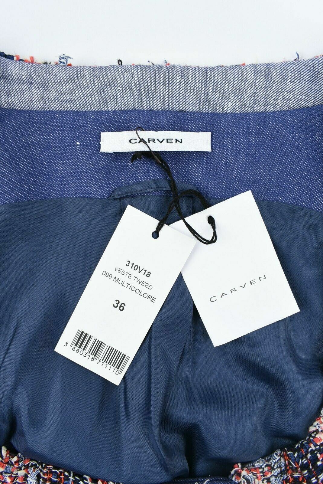 CARVEN Women's Crop Zip Blue/Multicoloured Tweed Jacket, size UK 12