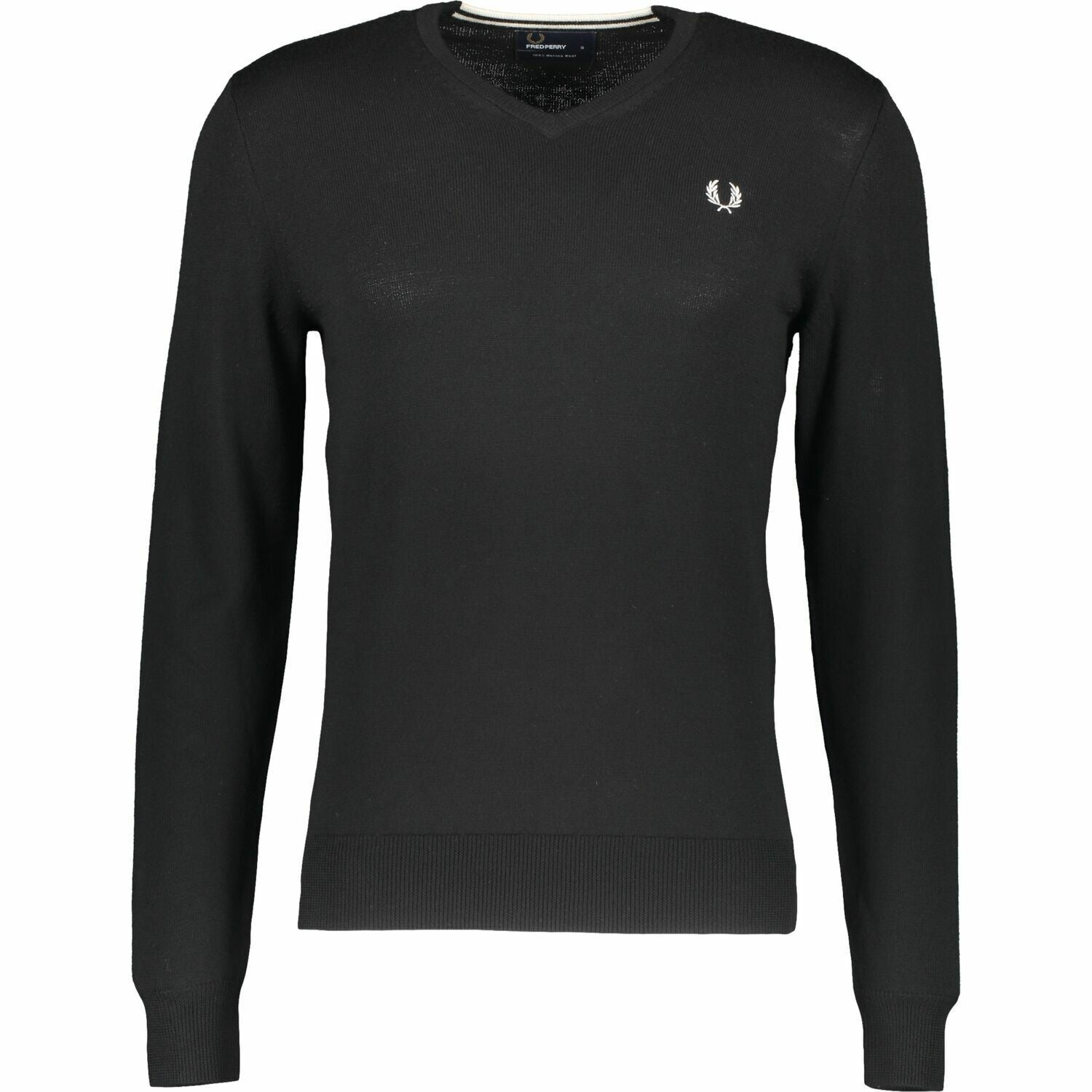 FRED PERRY Men's 100% Merino Wool V-neck Jumper, Black, size M
