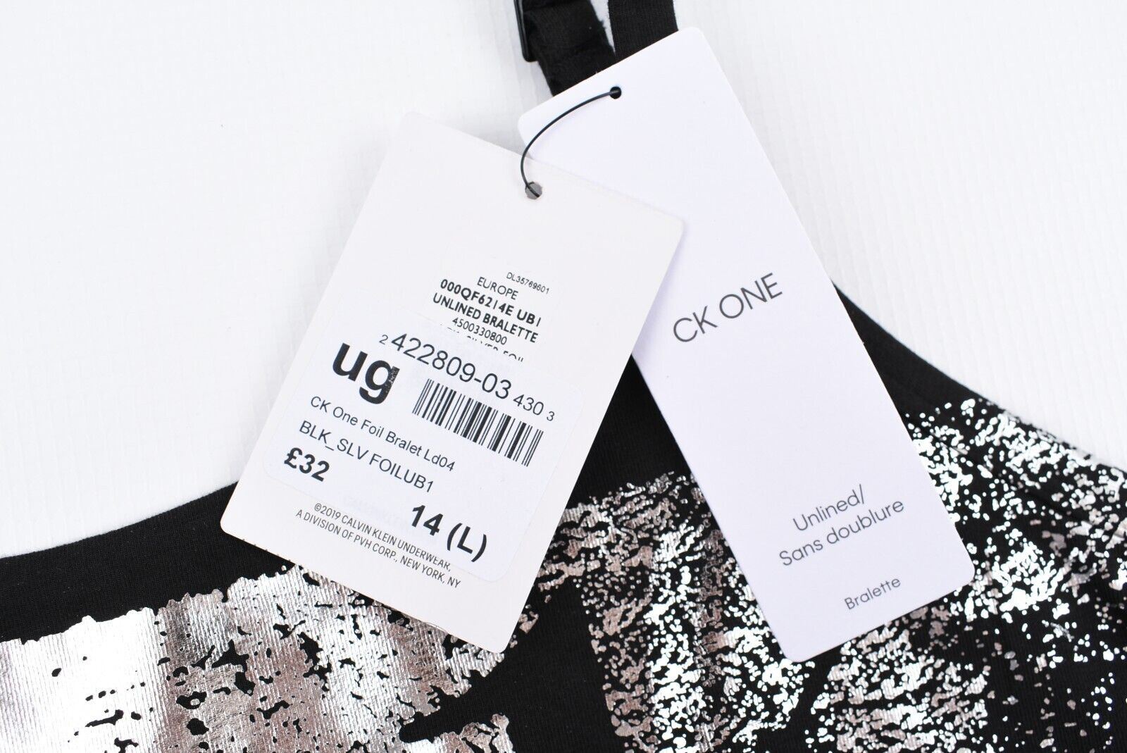 CALVIN KLEIN CK ONE Women's Black & Foil Print Cotton Bralette, size L (UK 14)