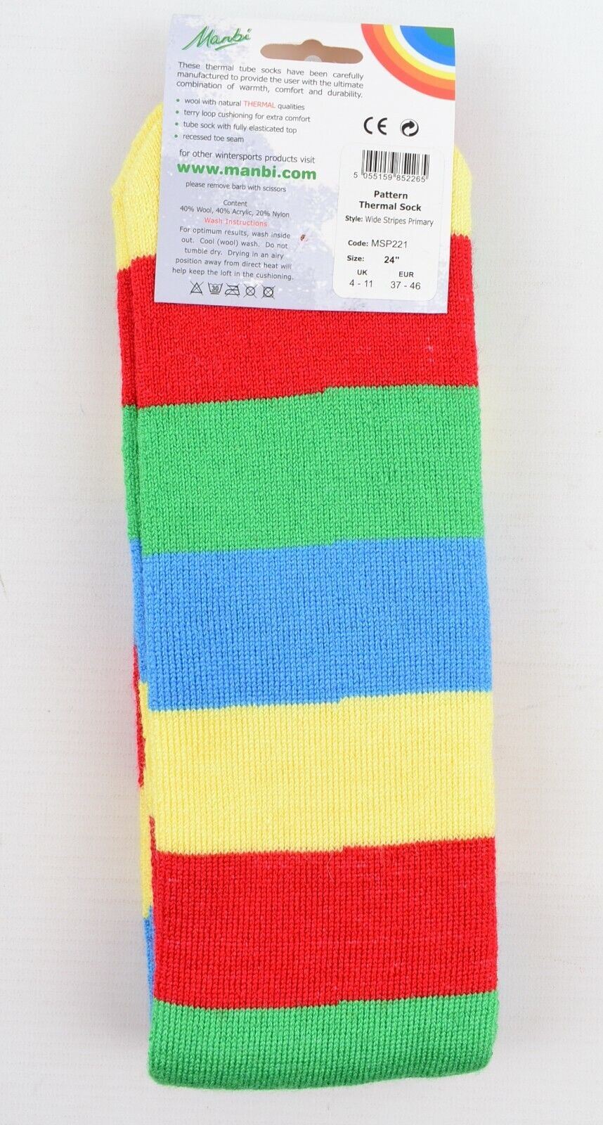 MANBI 24" Colourful Striped Thermal Socks, Wool Blend (40% wool) One size Unisex