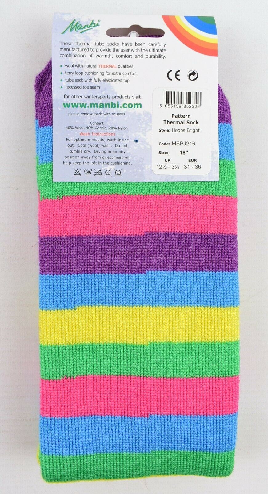 MANBI 18" Colourful Thermal Socks, Wool Blend (40% wool) UK kids size 12.5-3.5