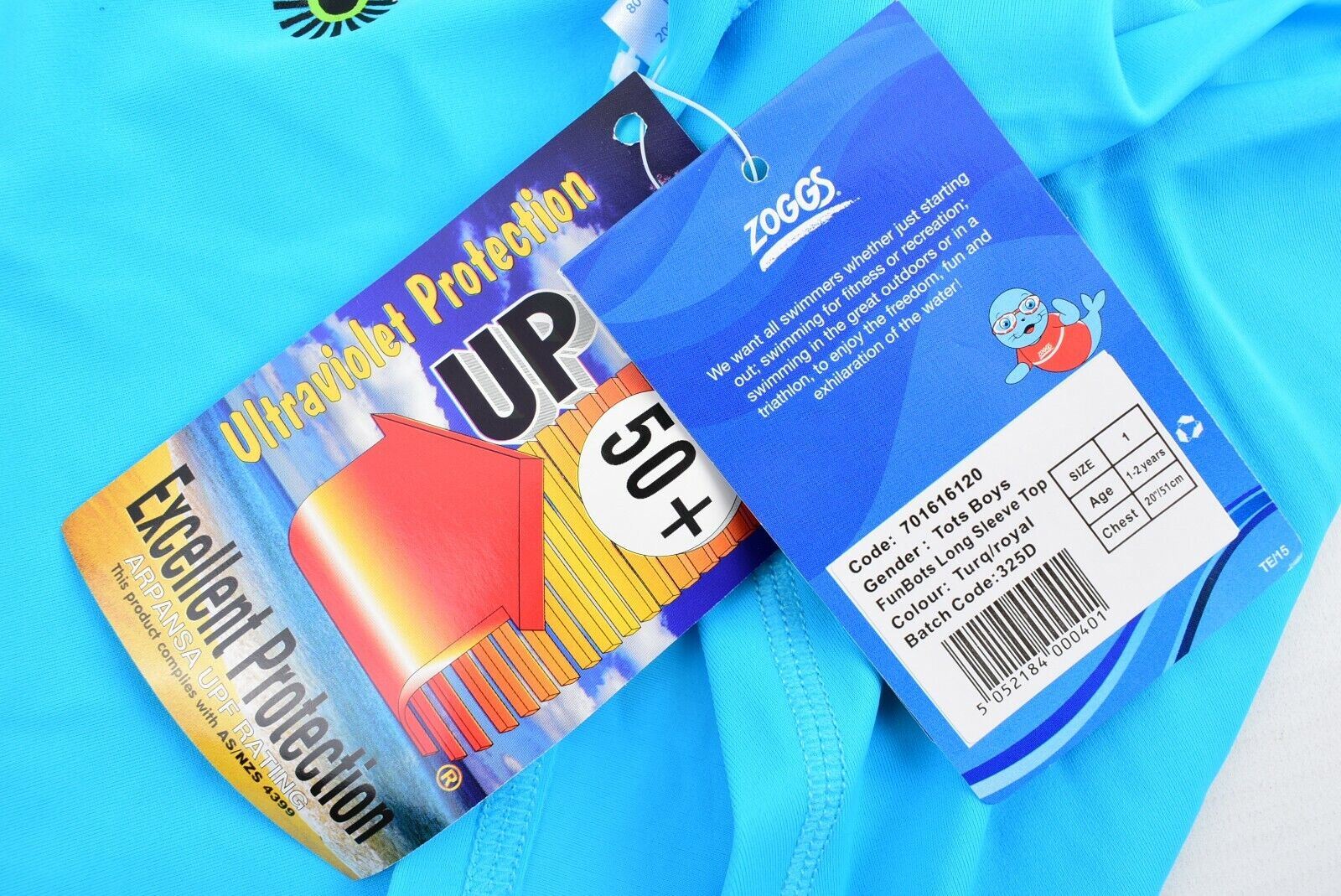 ZOGGS Boy's Long Sleeve Sun Top with UPF 50+, Rash Guard, Blue, size 1-2 years