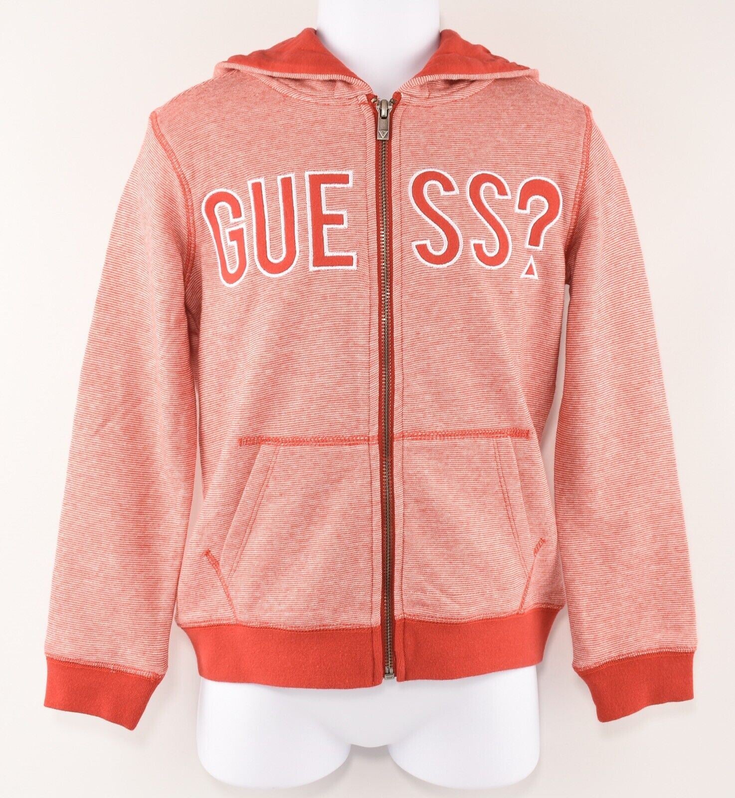 GUESS Girls' NOLAN Logo Striped Zip Up Hoodie, Red/White, size 7 years