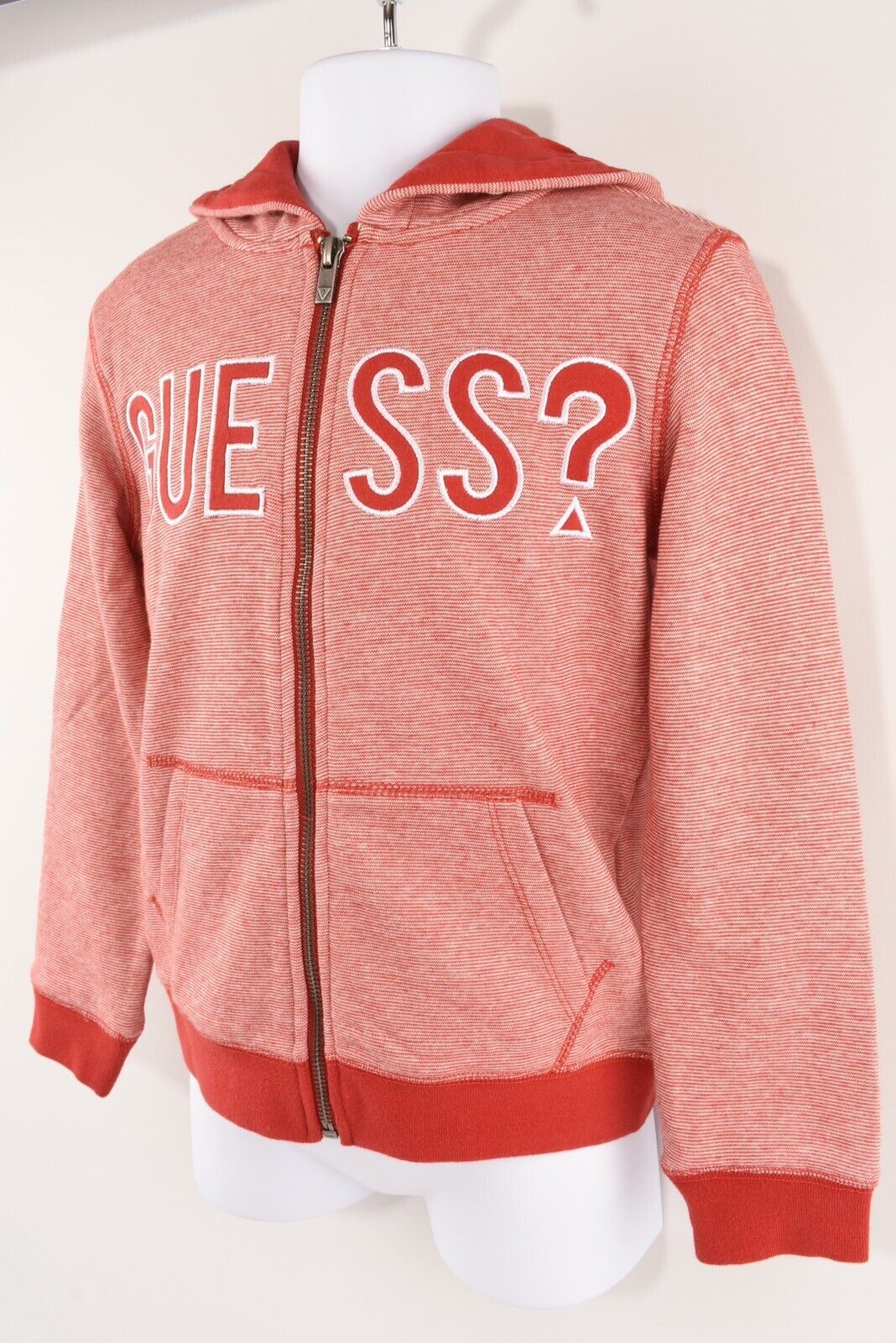 GUESS Girls' NOLAN Logo Striped Zip Up Hoodie, Red/White, size 7 years