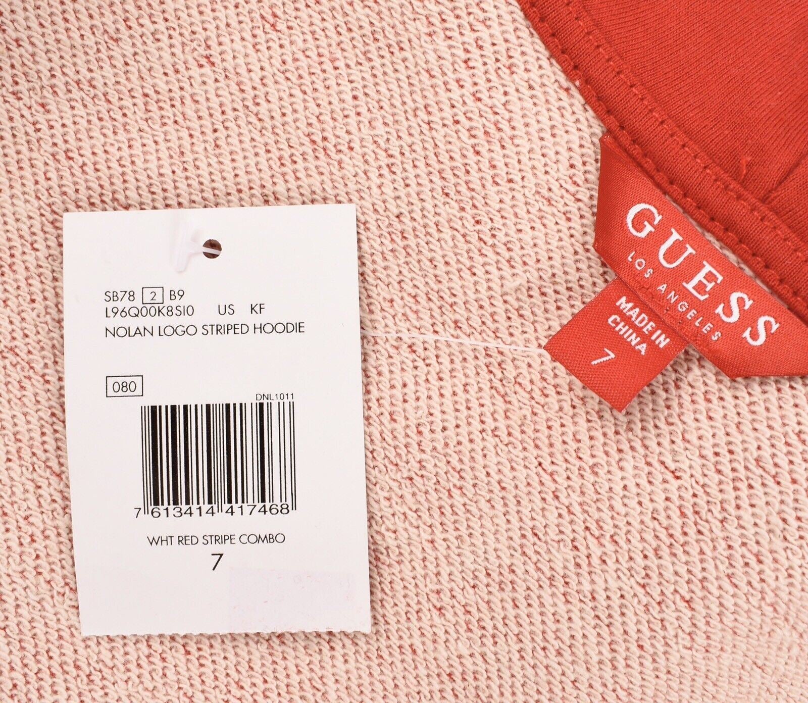 GUESS Girls' NOLAN Logo Striped Zip Up Hoodie, Red/White, size 7 years