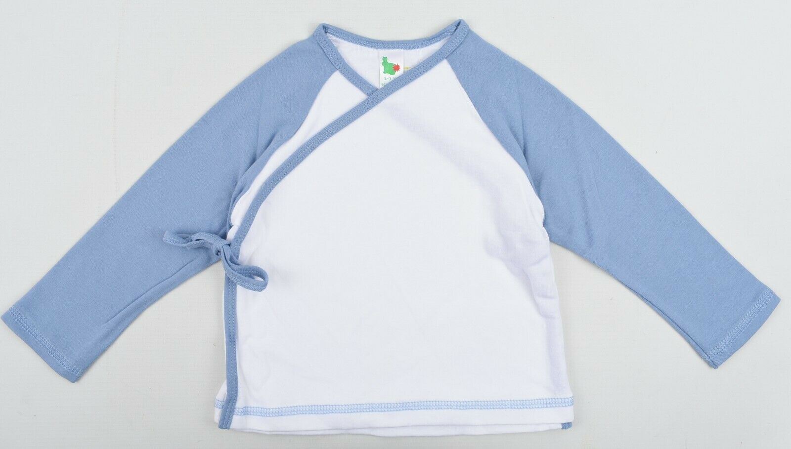 GREEN RABBIT Boys Girls Wrap Around Top, White/Blue, MADE IN UK, size 2-3 Years