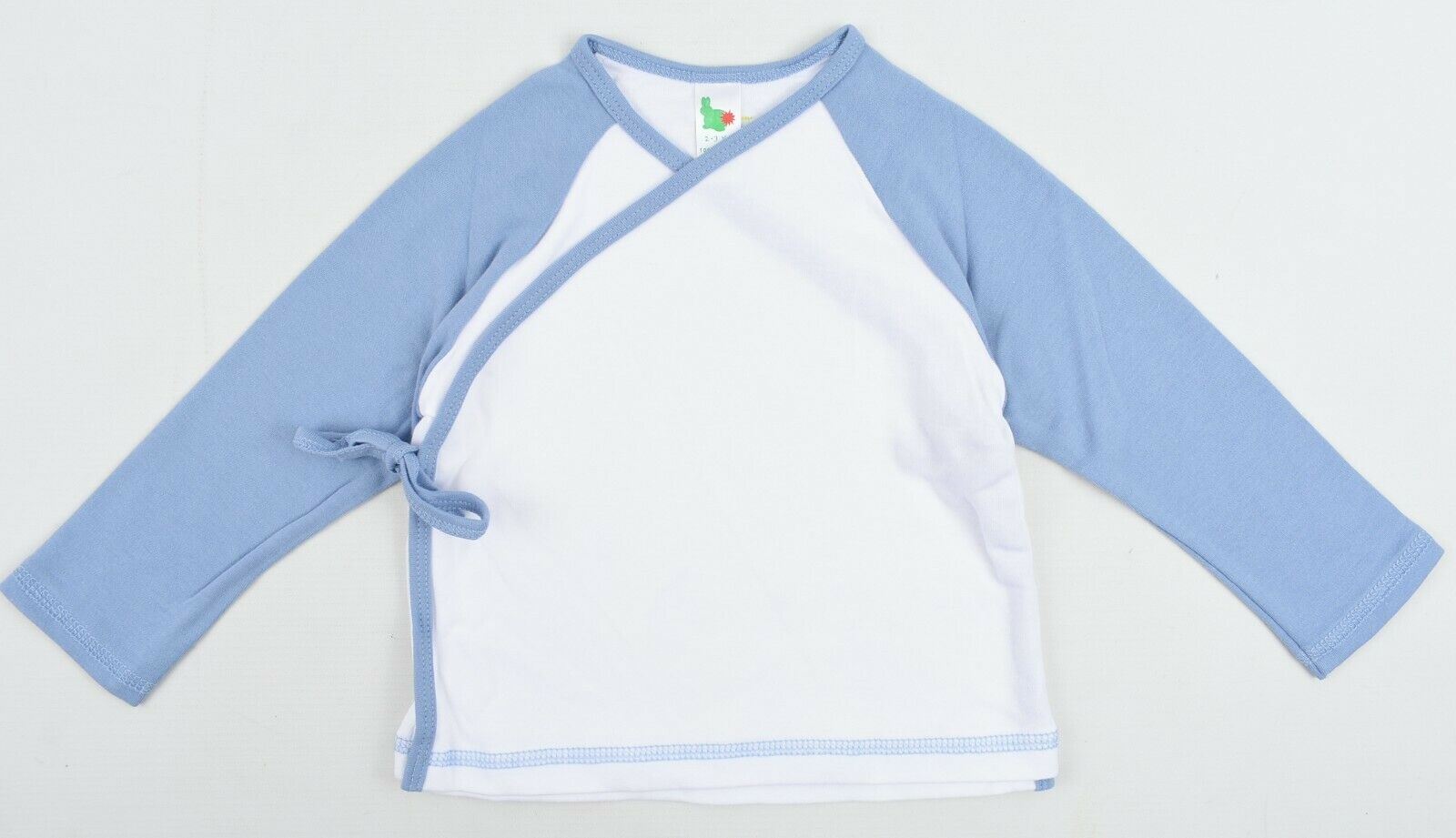 GREEN RABBIT Boys Girls Wrap Around Top, White/Blue, MADE IN UK, size 2-3 Years