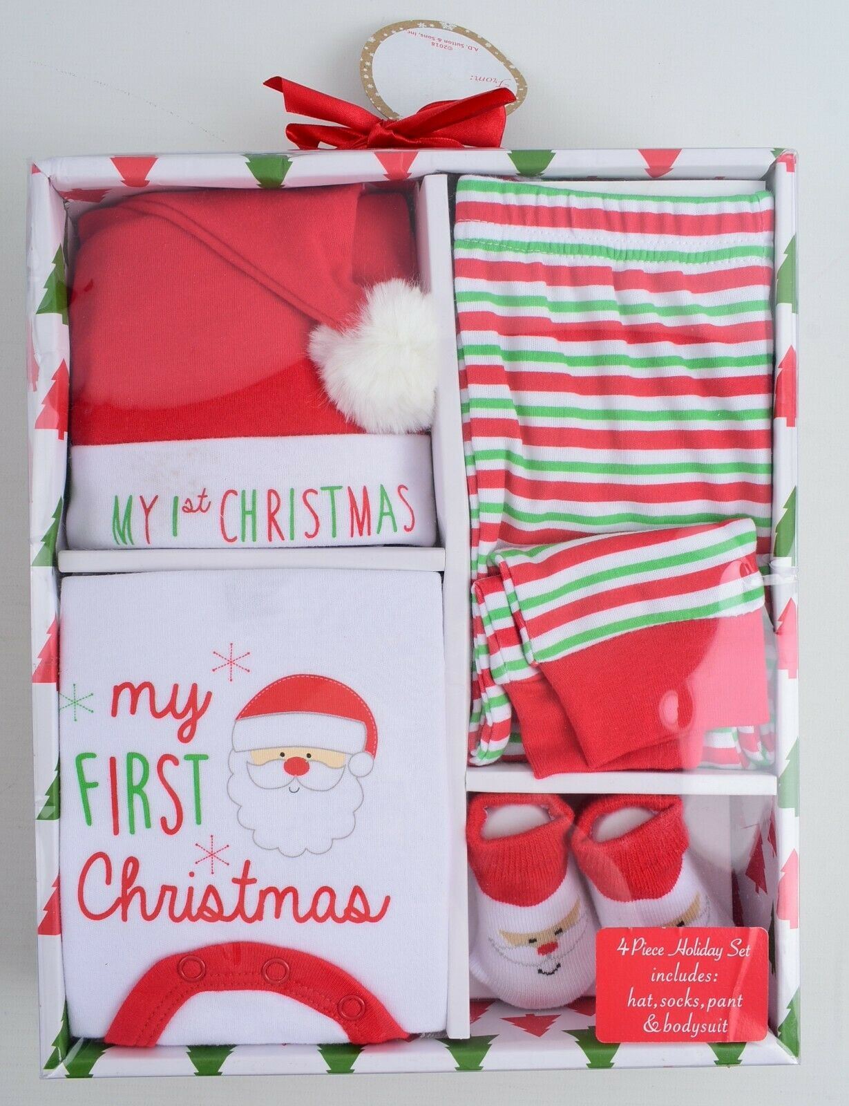 4-pc Christmas Festive Baby Outfit Gift Set Hat+Socks+pants+Bodysuit size 0-6 m.