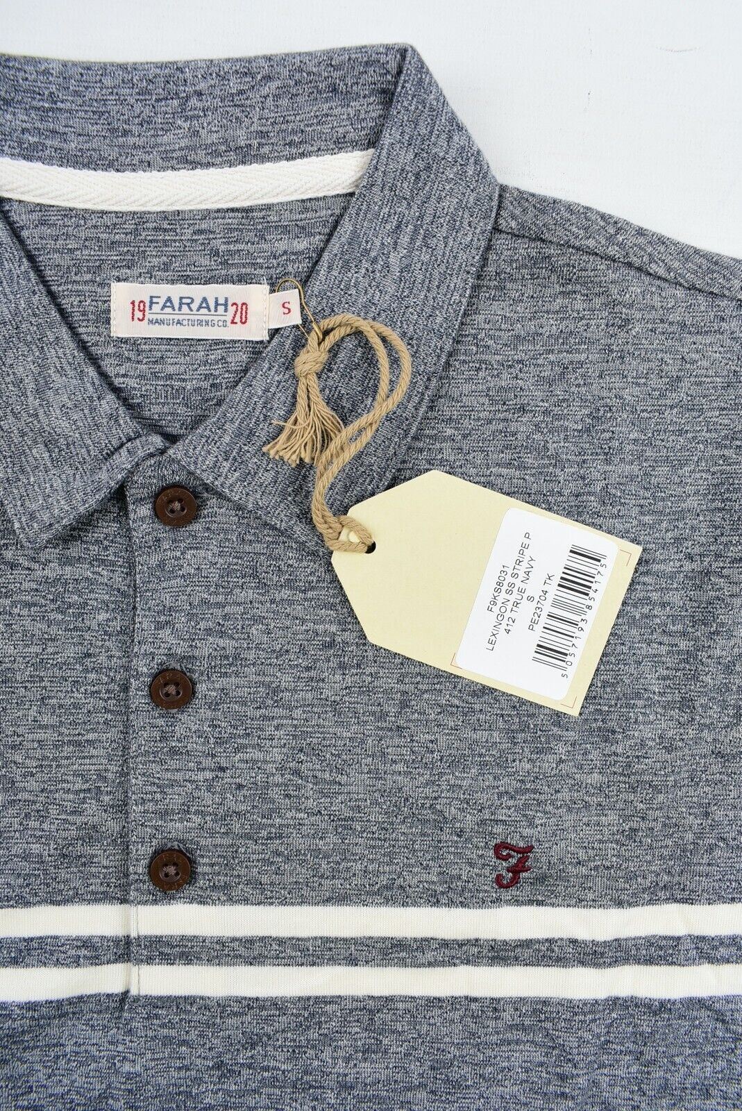 FARAH Men's Lexington Polo Shirt, Navy Blue Marl/Striped, size S