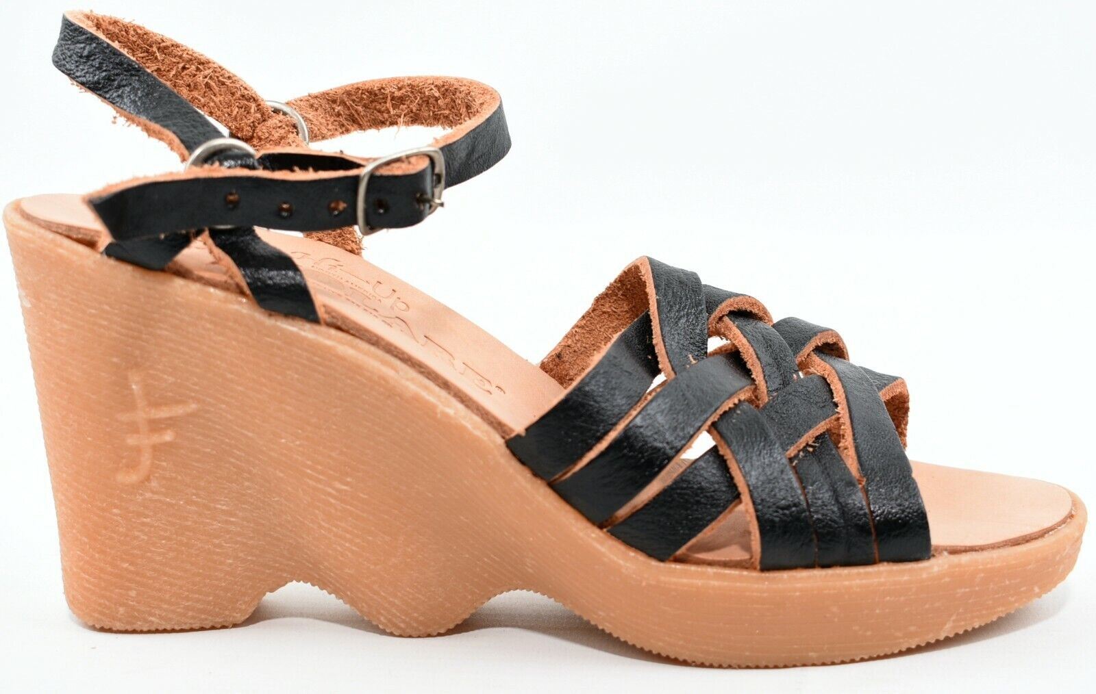 FAMOLARE Women's Black Genuine Leather Wedge Sandals, size UK 5.5