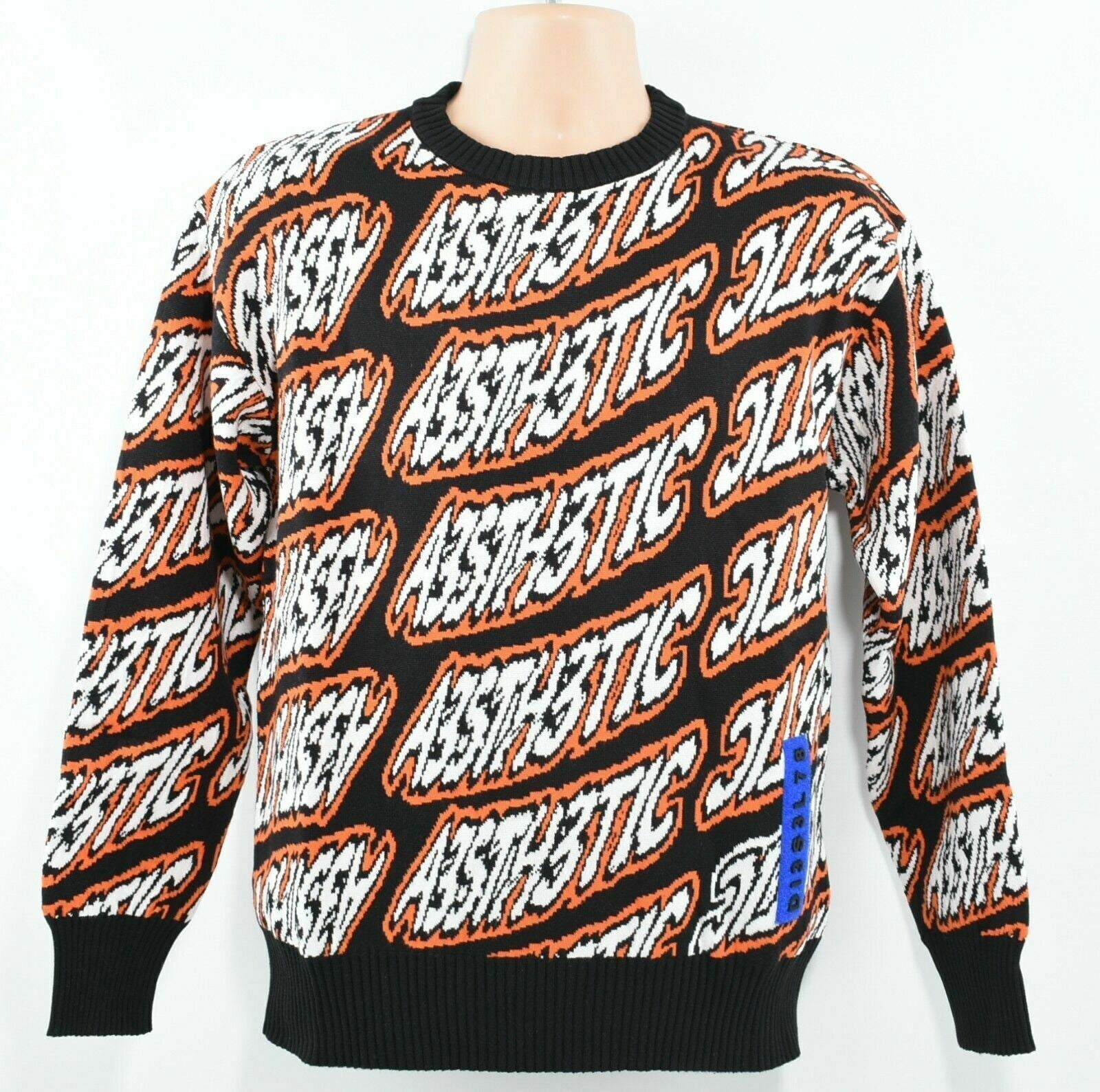 DIESEL Men's All Over Logo Crew Neck Jumper, Black/Orange/White, size XS