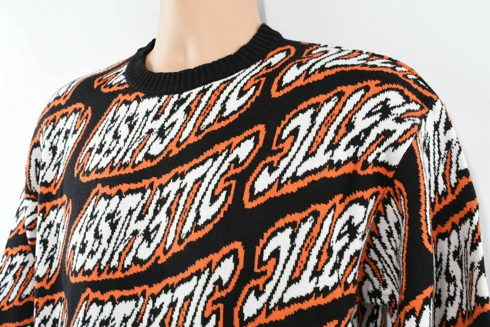DIESEL Men's All Over Logo Crew Neck Jumper, Black/Orange/White, size XS