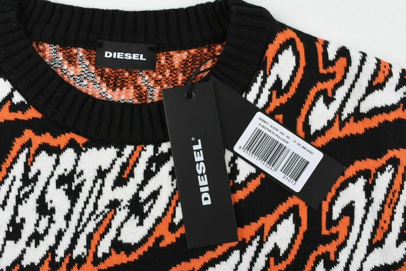 DIESEL Men's All Over Logo Crew Neck Jumper, Black/Orange/White, size XS