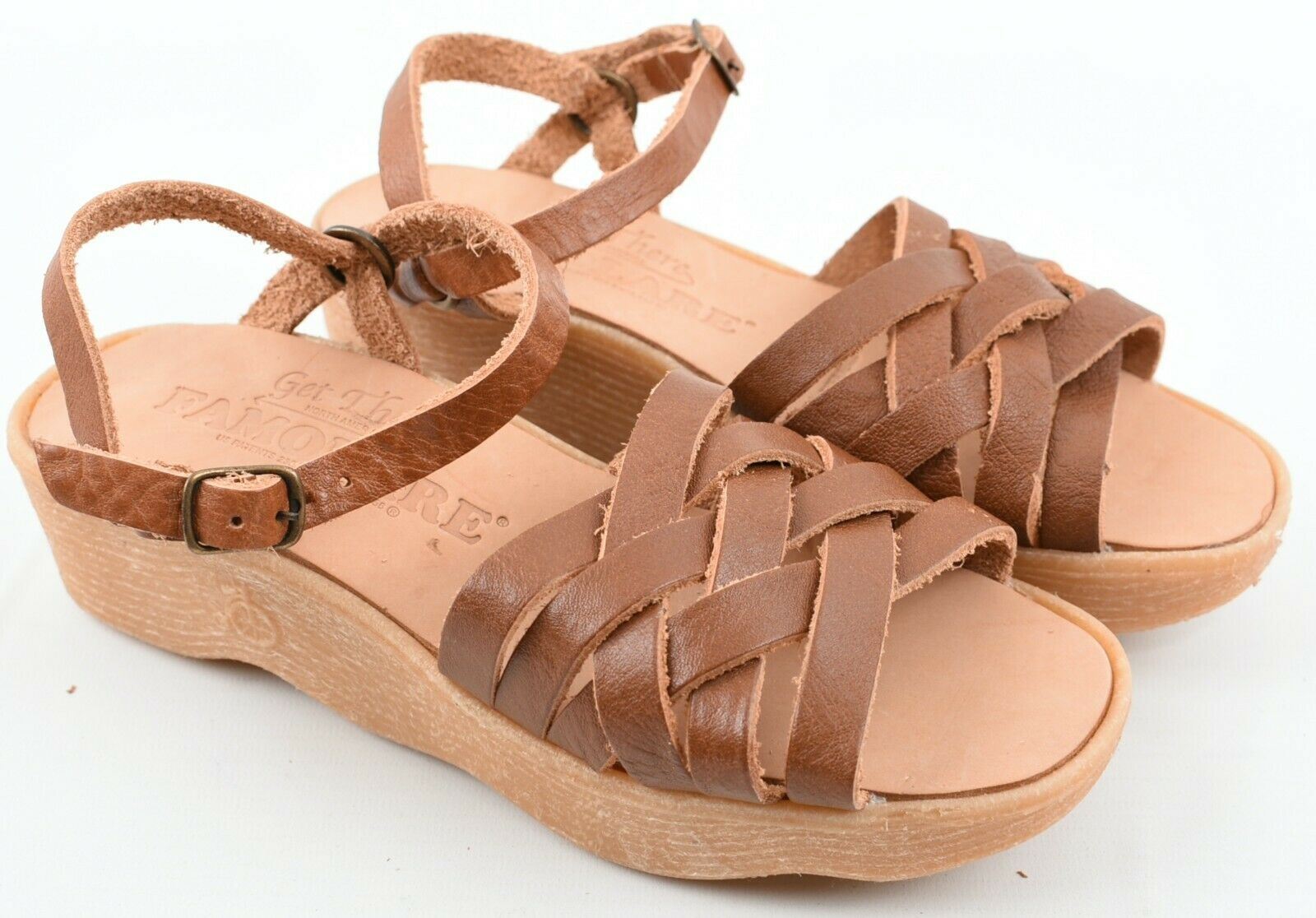 FAMOLARE Women's Genuine Leather Small Wedge Sandals - Tan Brown size UK 3.5