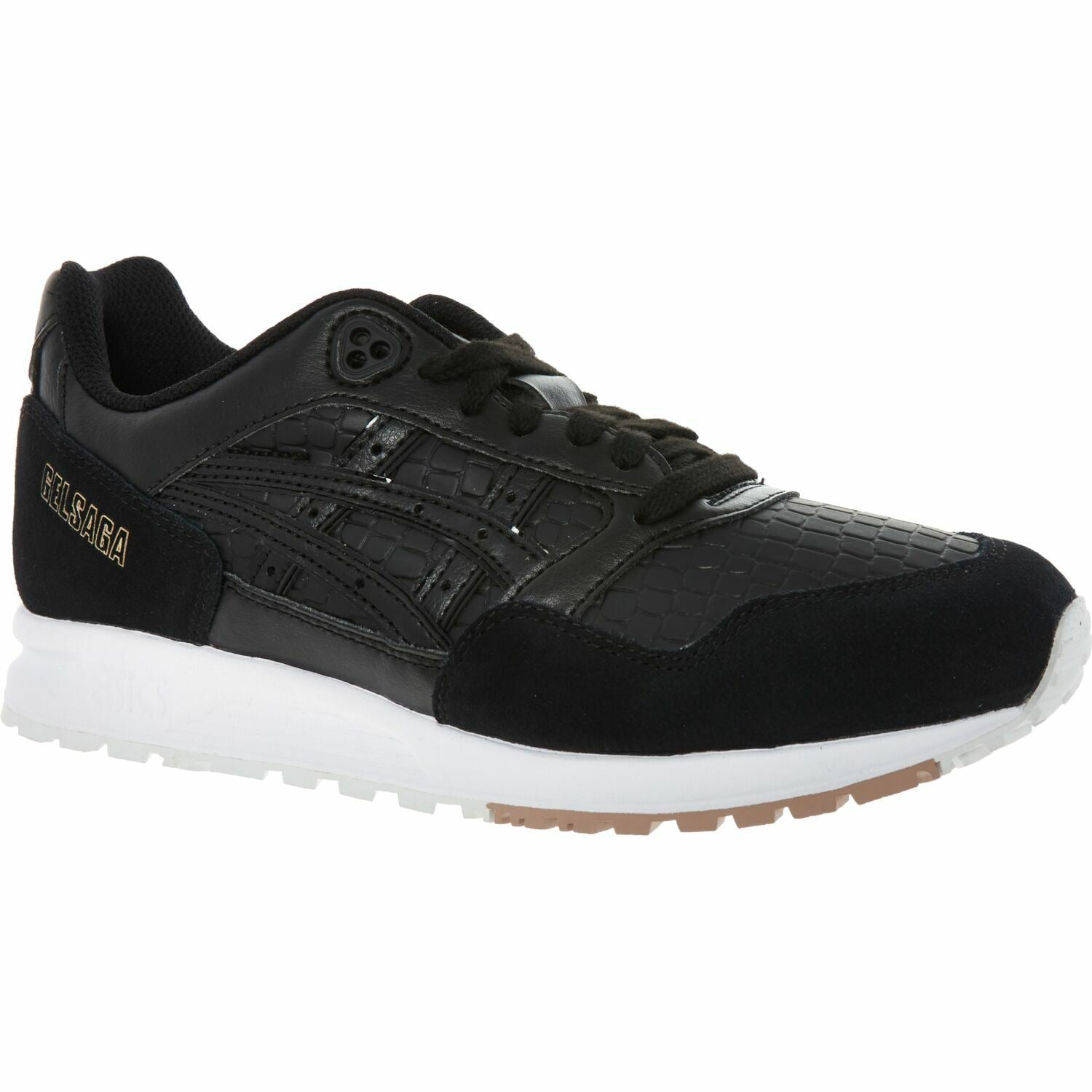 ASICS TIGER Womenâs GELSAGA Black Leather Trainers, size UK 4