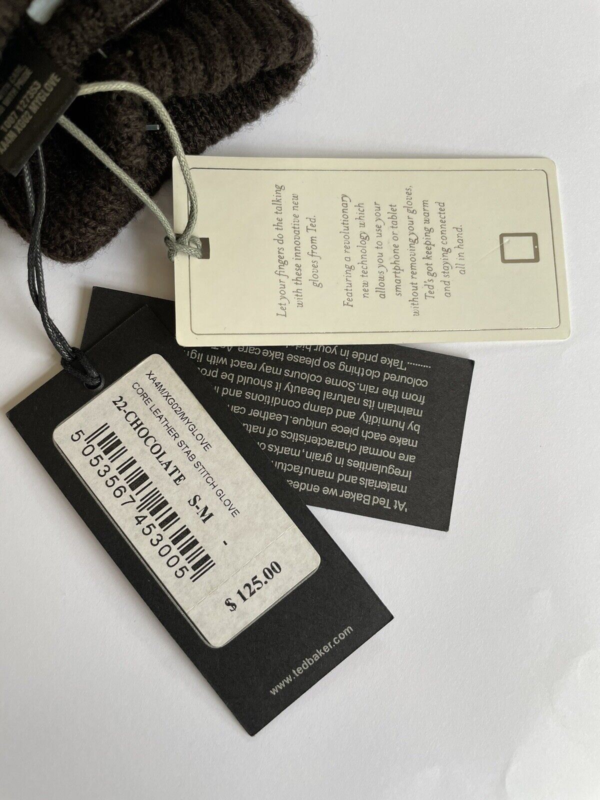 TED BAKER Mens Core Stitch Chocolate Brown Leather Gloves, size Small label S/M