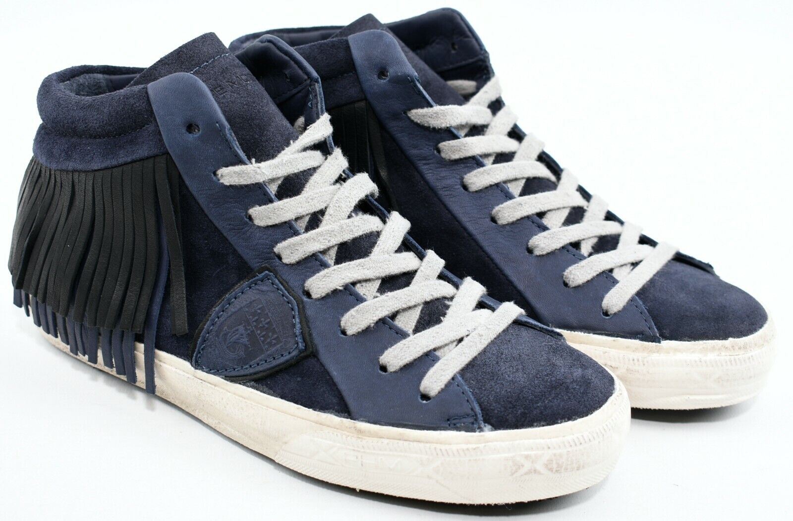 PHILIPPE MODEL Women's Mid Top Blue Leather Fringe Trainers, size UK 3 / EU 36