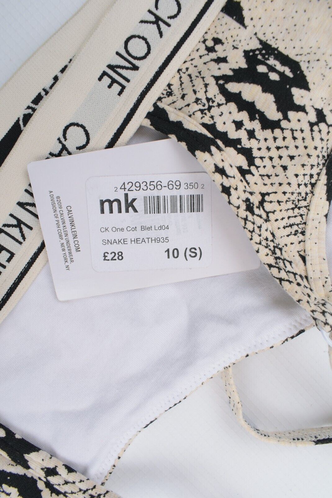 CALVIN KLEIN CK ONE Women's Snake Print Cotton Bralette, size S (UK 10)